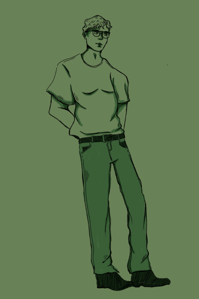 Illustration of a blonde man on a green background wearing goggles, a basic shirt and jeans. 