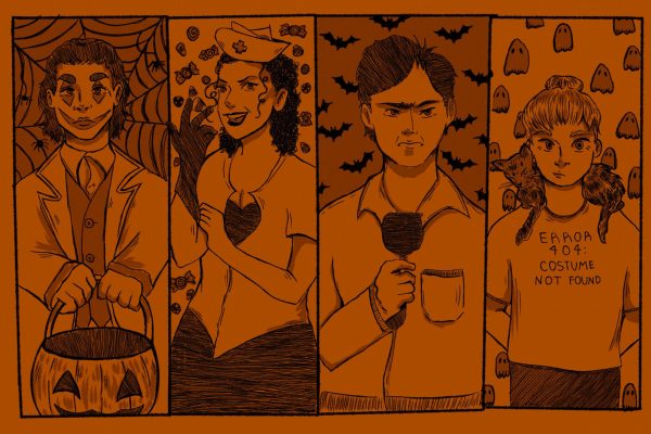 An illustration of four people dressed in Halloween in four different panels, featured in an orange background. From left to right: A joker holding a pumpkin candy bucket surrounded by spider webs, a nurse in a candy toss background, a person holding a candy apple with bats filling in the background and a person wearing a shirt that reads "ERROR 404: COSTUME NOT FOUND" with ghost figures.