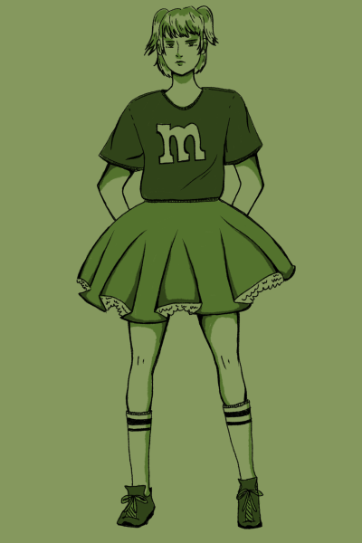 Illustration of a girl on a green background wearing a “M" letter shirt and ruffle skirt. 