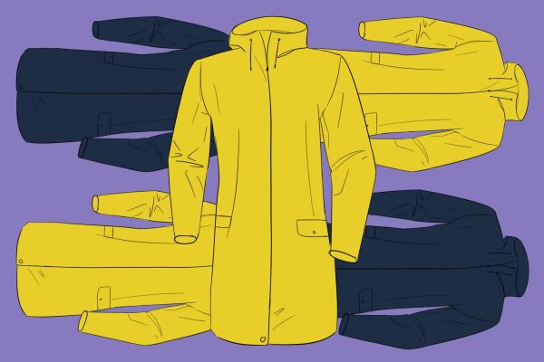 On a periwinkle background is a yellow raincoat in front of smaller versions of the coat in navy and yellow.