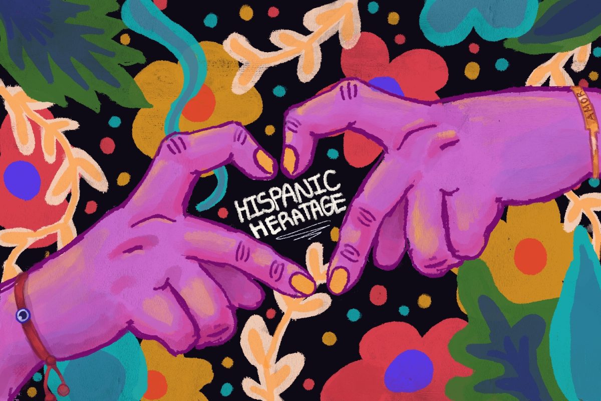 Two pink hands making a heart, with “HISPANIC HERITAGE” written between them. There are flowers and colorful patterns behind them.