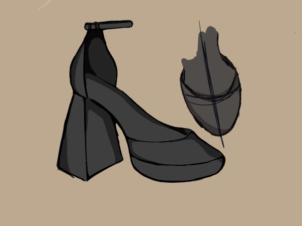 A black heel with a platform that is thick at its base, and thinner as it approaches the shoe.