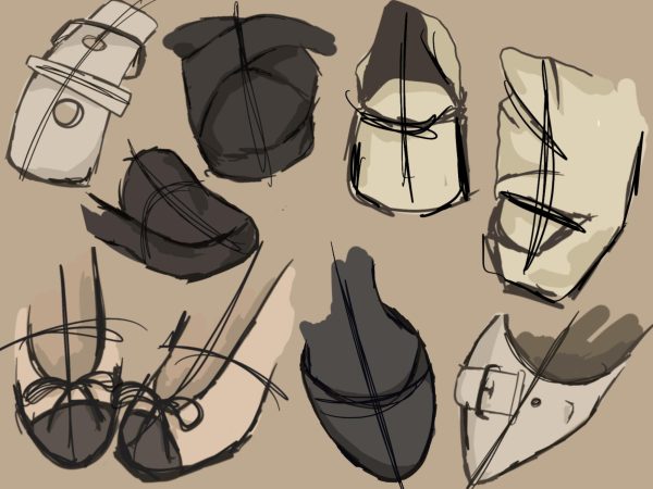 Sketches of multiple pairs of heels, including two sketches of a cap-toe heel, one sketch of a heeled loafers, one of a platform heel, two of a kitten heel, two of a platform sandal and one of heels with a criss-cross front.