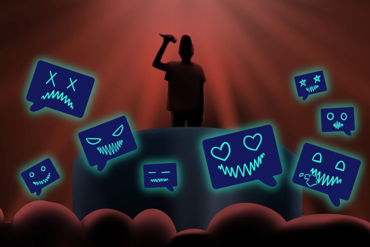 An illustration of a person standing on stage and holding a microphone surrounded by red light. Dark blue message bubbles float above the crowd with neon blue expressions of happiness, sadness and anger on them.