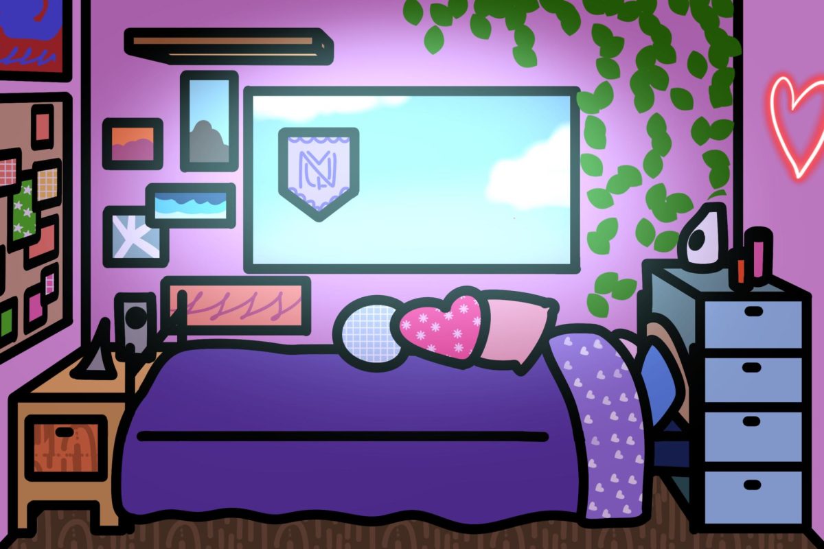 A cluttered dorm room with a bed covered in pillows, two nightstands with trinkets on top, and vines, pictures and a heart-shaped sign on the walls. A window in the center shows a blue sky with clouds, illuminating the room.