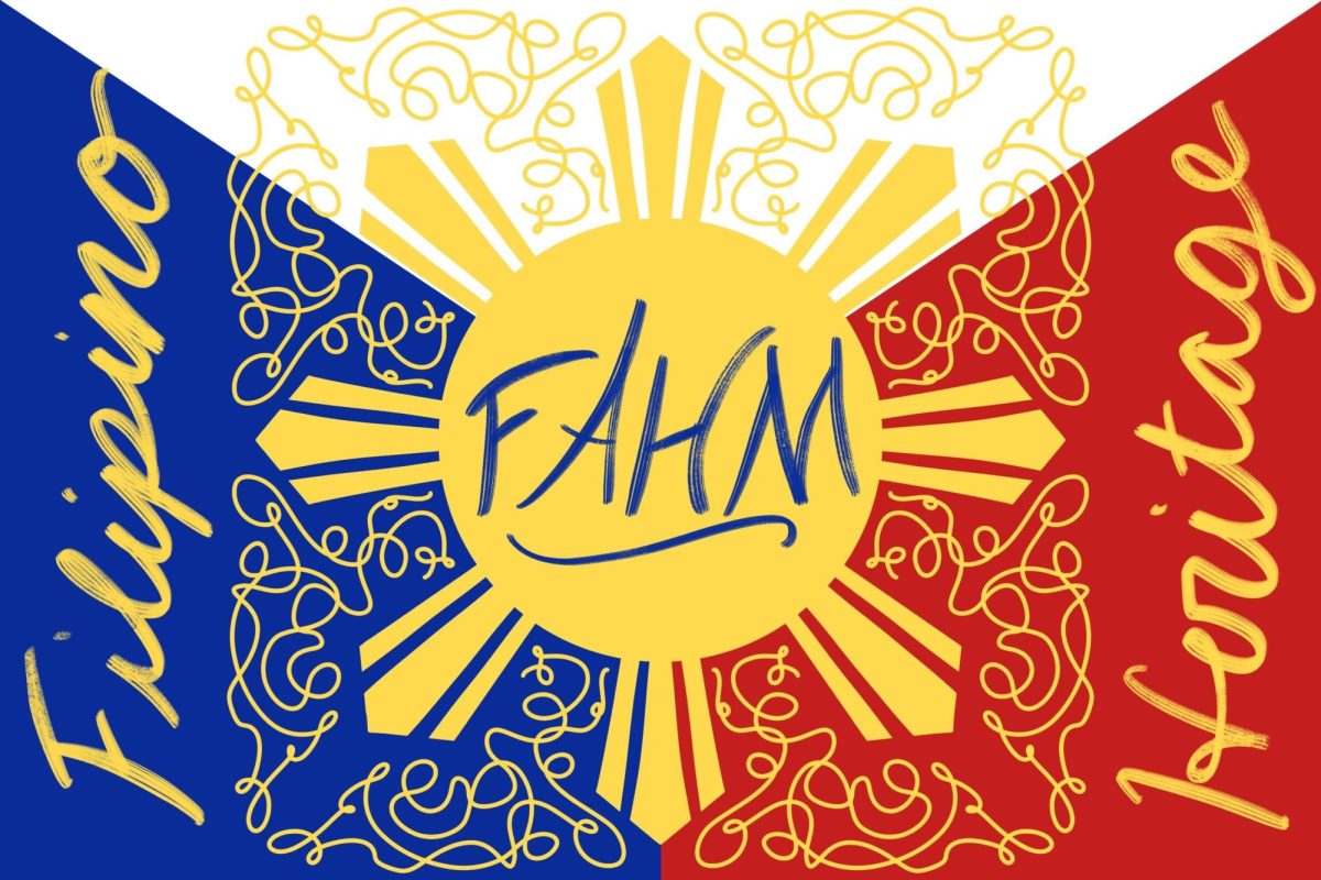 Against a blue, red and white background reminiscent of the Filipino flag, there's a yellow sun pattern in the center with the letters “F. A. H. M.” in blue type.