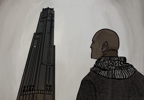 An illustration of the back of a person standing in front of a large building.