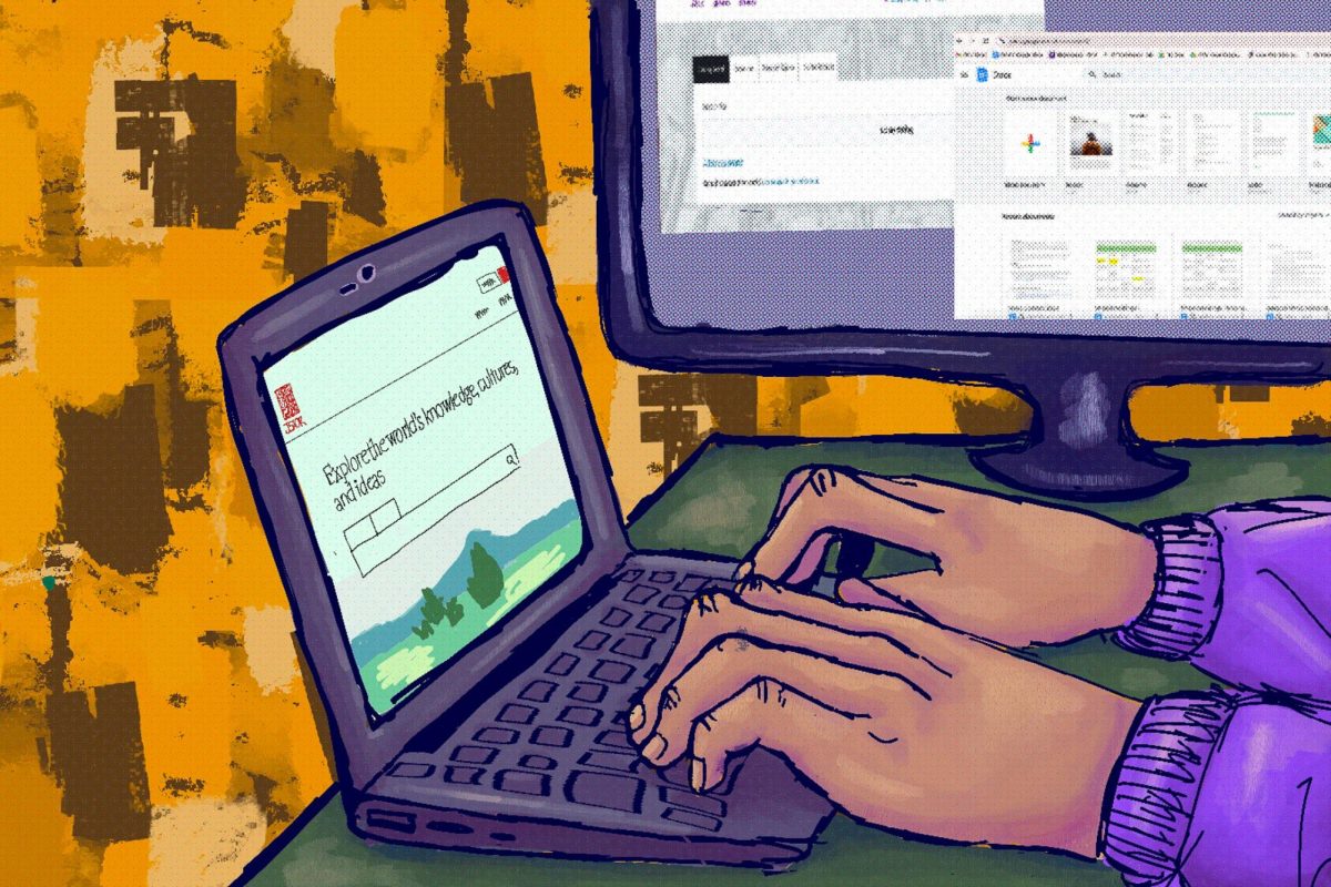 An illustration of a person's hands typing on a laptop against a yellow background. Behind the laptop is a monitor.