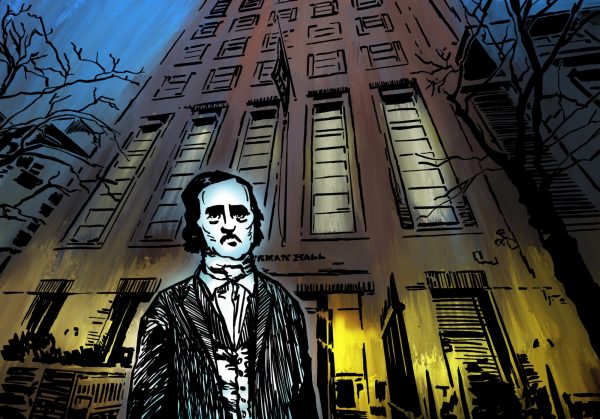 An illustration of the ghost of Edgar Allan Poe looming before Furman Hall.