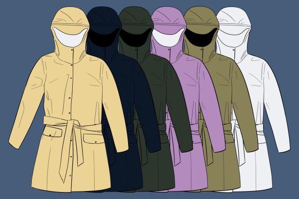 On a blue background are six overlapping hooded coats with buttons and belts in the colors beige, navy, army green, violet, khaki and white.