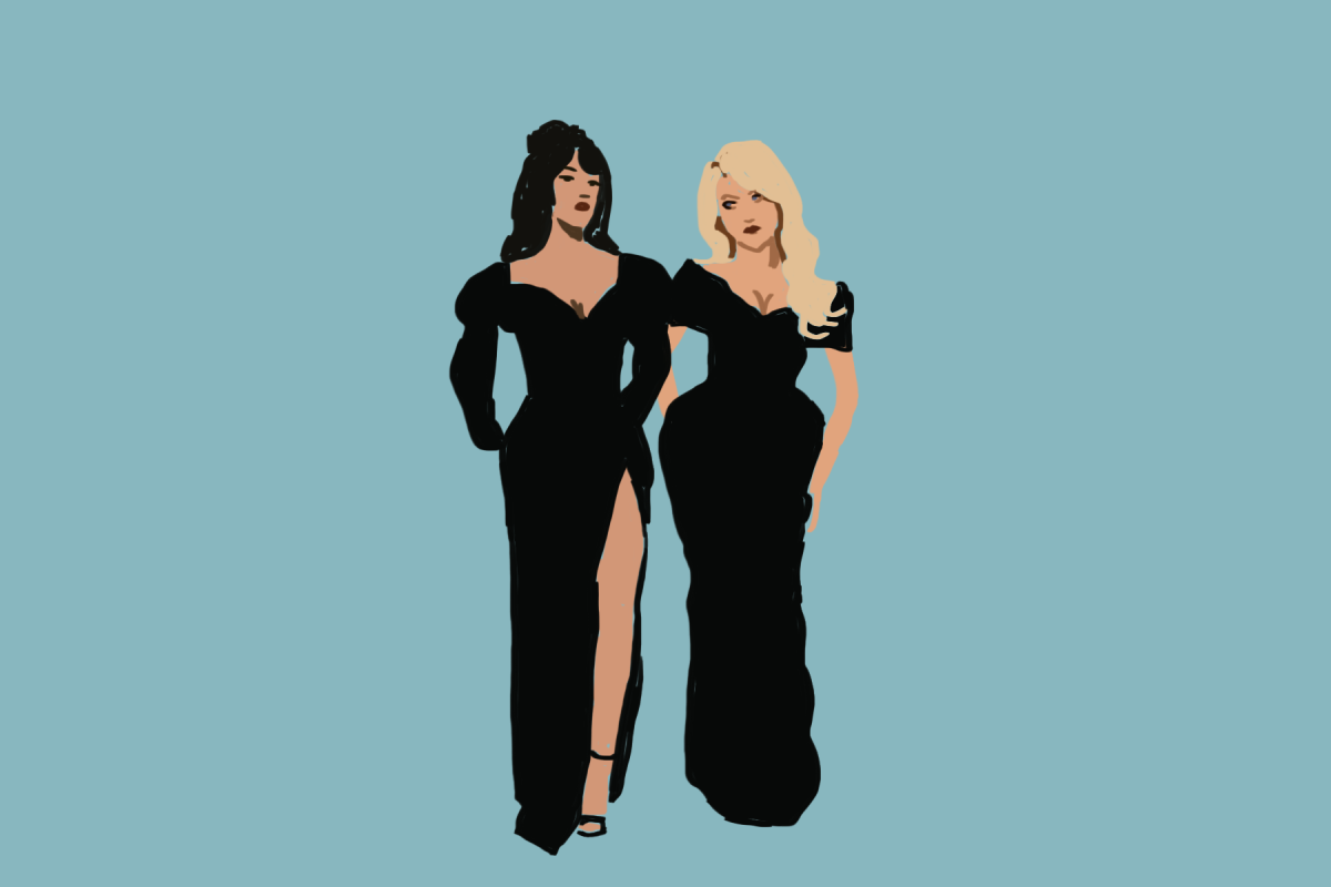 An illustration of two models, one blonde and one brunette, in black dresses.