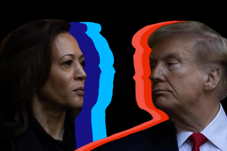 Democratic presidential candidate Kamala Harris on the left and Republican presidential candidate Donald Trump pictured on the right on a black background.