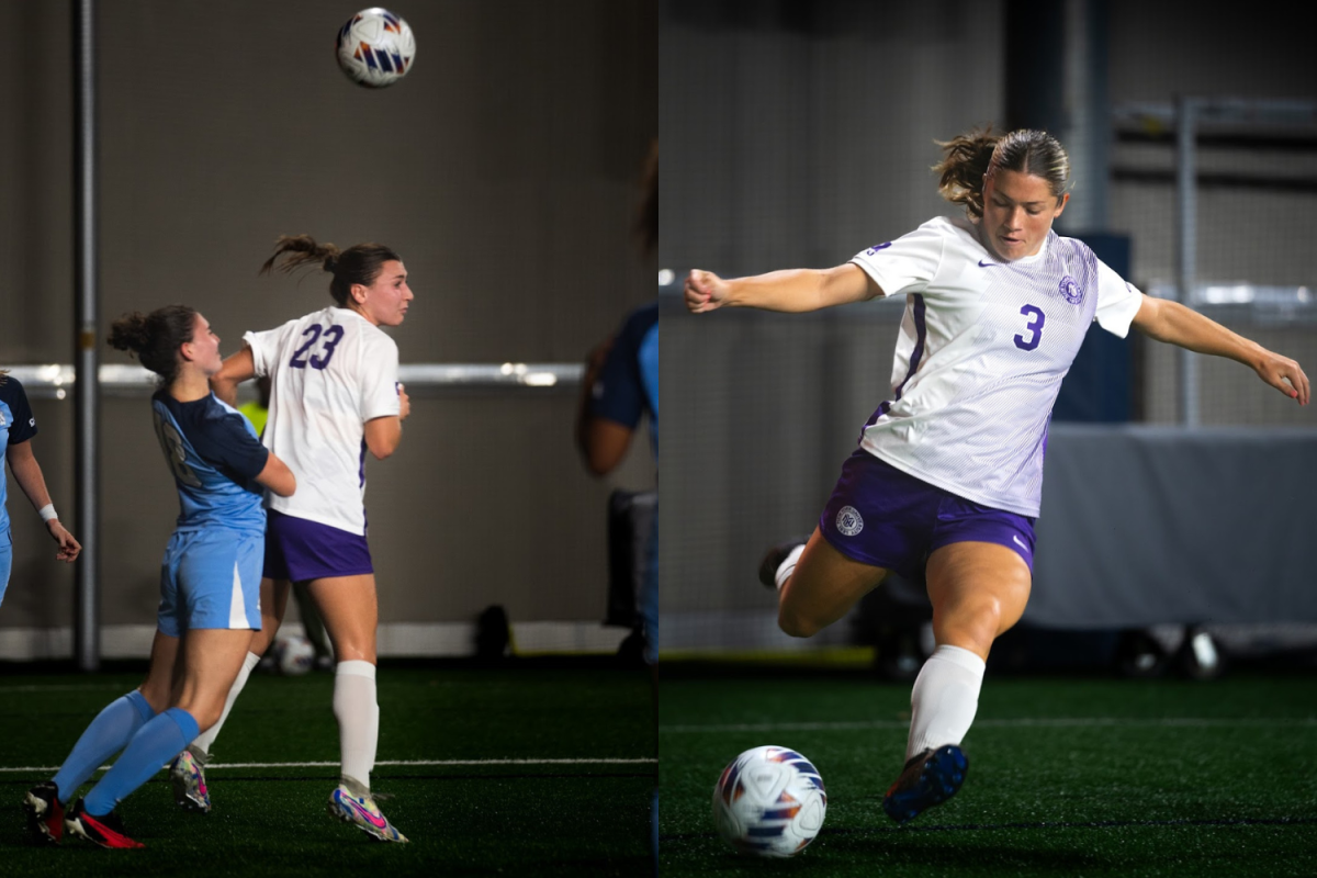 Two pictures side by side of women playing soccer. The photo on the left is of two players