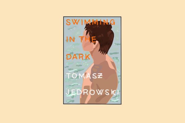 An illustration of a book cover depicting a man with a body of water behind him. The title “SWIMMING IN THE DARK” is written in orange while the author name is in yellow.