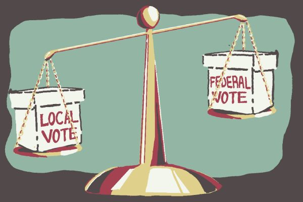 An illustration of a balancing weight scale with a box on each side. One says “LOCAL VOTE” and the other says “FEDERAL VOTE.”