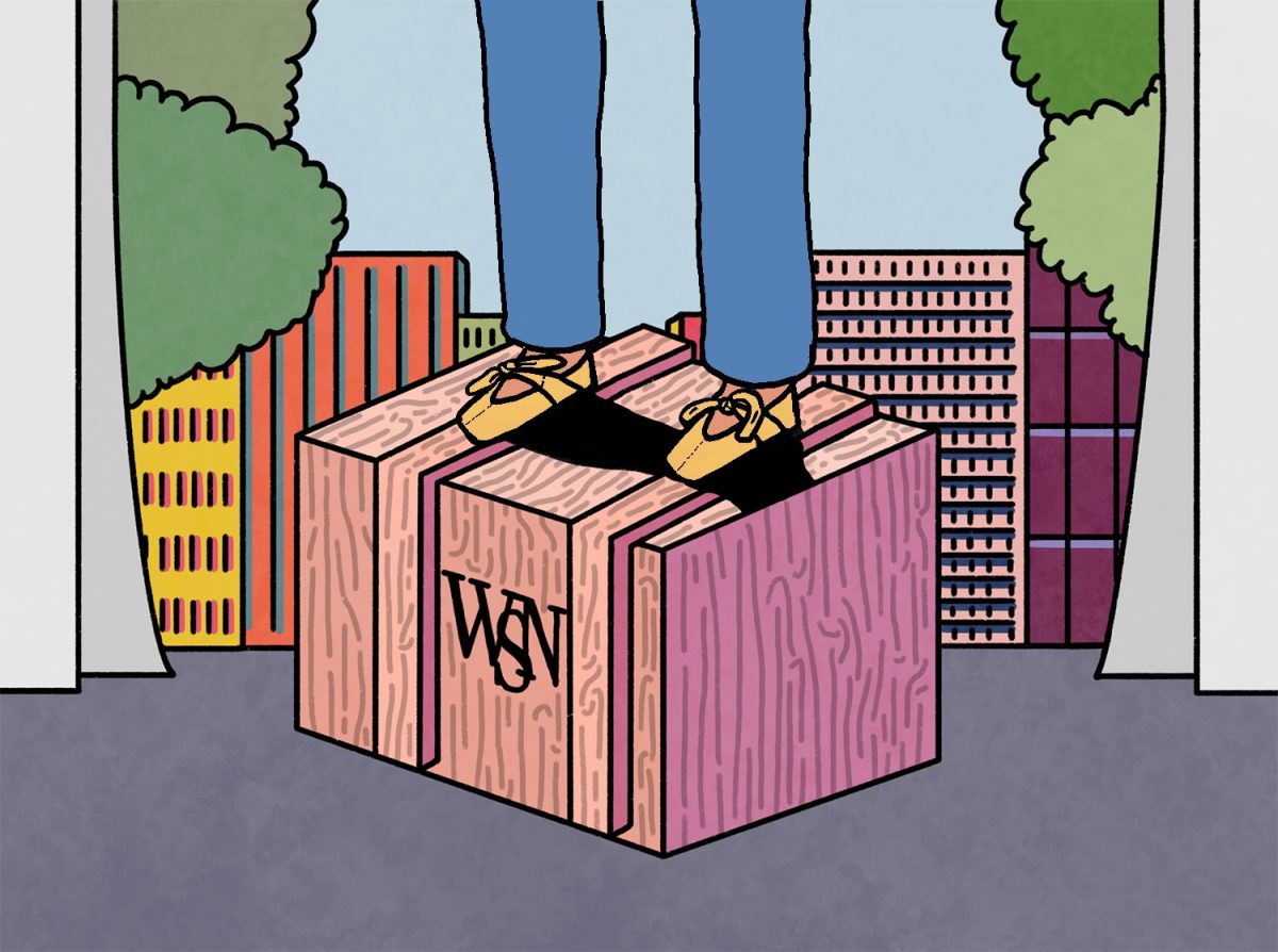 An illustration of a pair of legs wearing blue jeans and golden tie flats standing on a wooden box with the “W.S.N.” logo on it. In the background are trees and various colorful buildings.