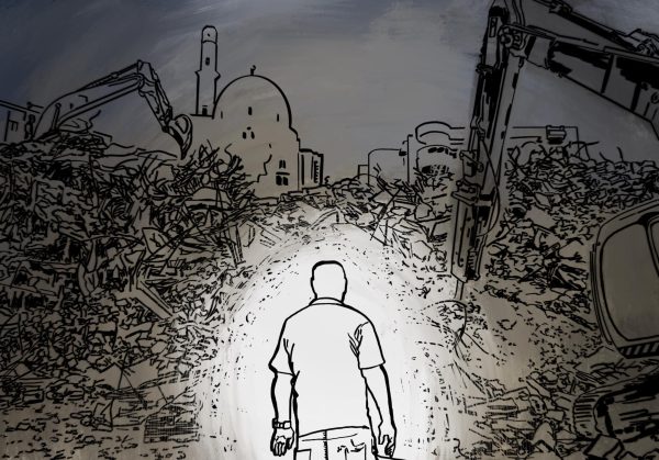 An illustration of a man standing in front of the ruins of a neighborhood.