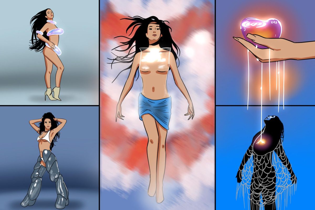 A collage of five illustrations. Three of the illustrations are of a woman with long black hair posing. The other two illustrations show a glowing heart dripping on the silhouette of the woman as she throws her head back.