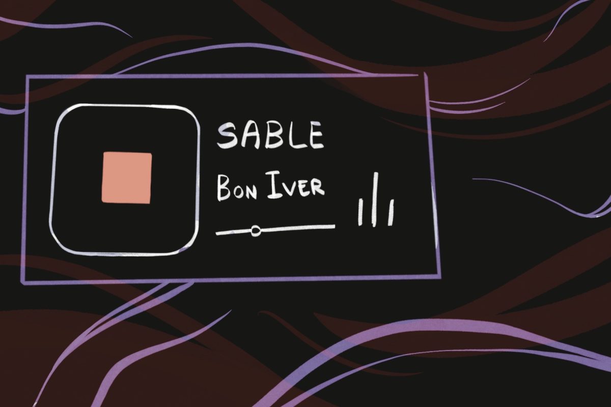 An album cover on a brown and black abstract background with purple lines flowing through it. The words "SABLE" and "Bon Iver" are next to the cover.