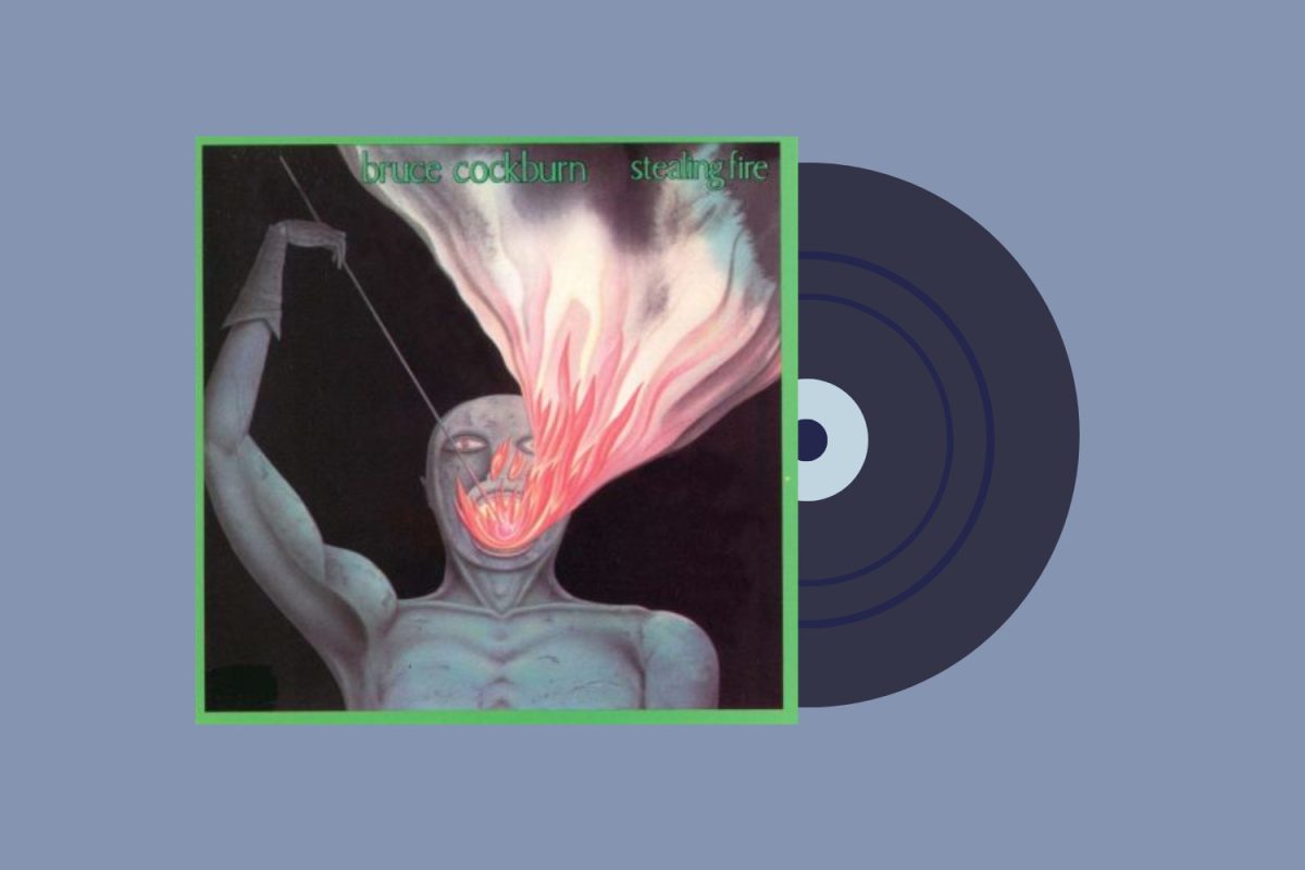 An album cover of a gray man breathing fire with the words “bruce cockburn stealing fire” in a green font. An illustrated vinyl record is coming out of the album cover.