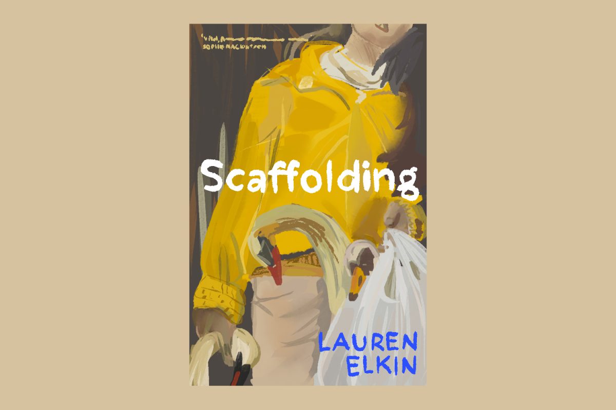 An illustration of a book cover with a woman in a yellow jacket holding swans in a bag. The title, “Scaffolding,” is in the middle in white and the author, “LAUREN ELKIN,” is in blue in the lower right corner.