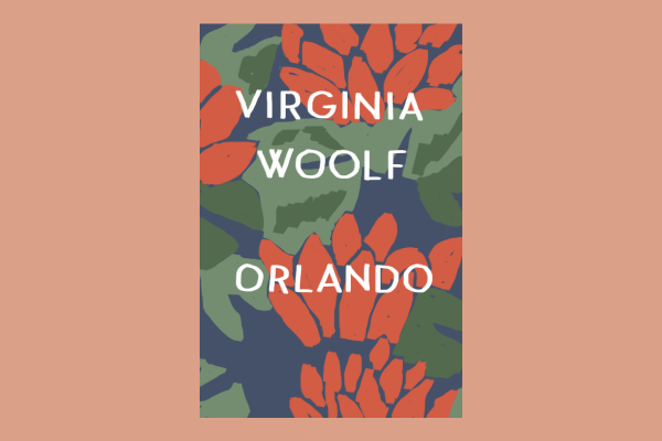 An illustration of a book cover of “ORLANDO” by Virginia Woolf, featuring a floral design with orange flowers and green leaves against a dark blue background.