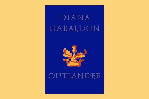 An illustration of a blue book cover that reads “OUTLANDER” by “DIANA GABALDON", with a yellow crown symbol in the middle.