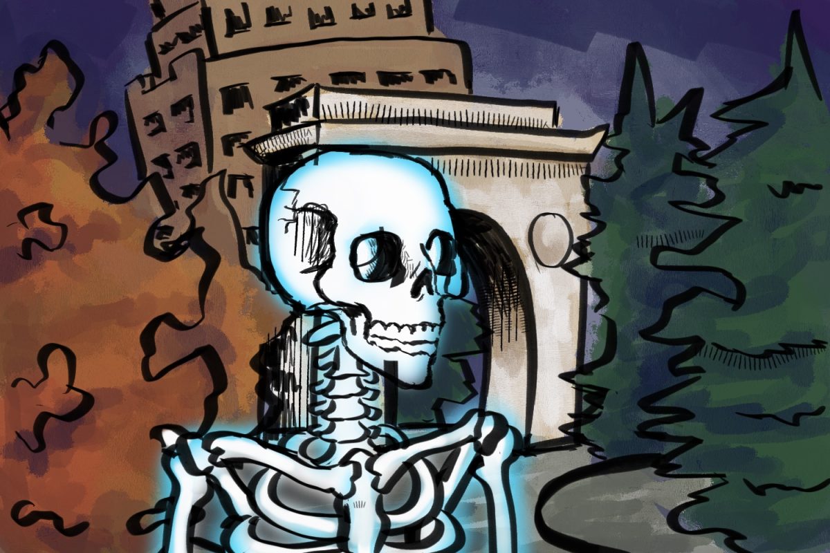 An illustration of a skeleton standing in front of the Washington Square Park arch.