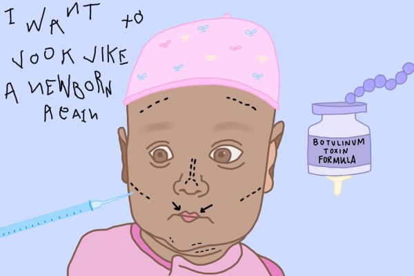 An illustration of a baby with dark lines following its face contours and a syringe being inserted into their cheek. Next to the baby is a bottle labeled “Botulinum Toxin Formula” and the scratchy words “I want to look like a newborn again.”