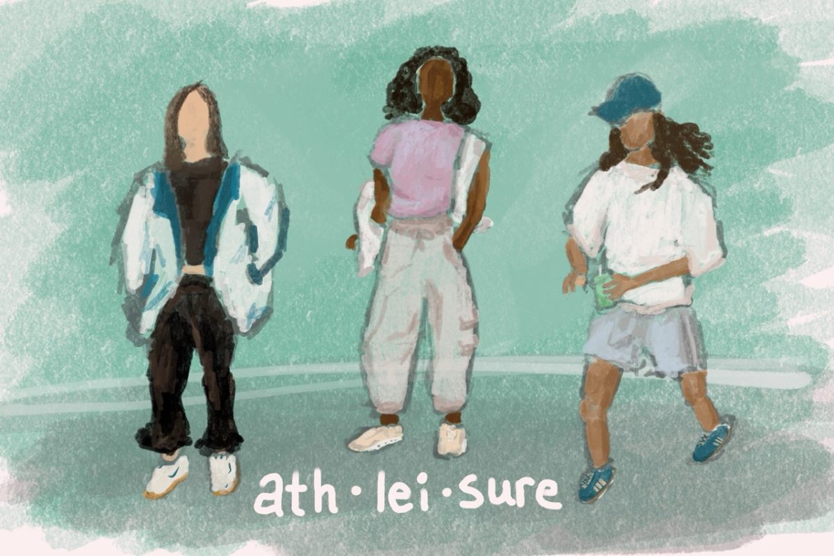 An illustration of three people against a mint green background. One wears a black matching set with leggings, a top and jacket. Another wears a pink top with white parachute pants and the third wears basketball shorts with a white T-shirt and blue hat.