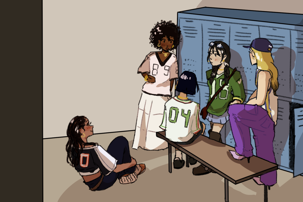 Five girls in a locker room, all wearing jerseys. From left to right, they wear: a cropped, black jersey with jeans, a white jersey with a white maxi skirt, a white jersey with jean shorts, a green jersey with a mini skirt, and a white jersey vest with purple parachute pants and kitten heels.