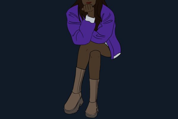 On a dark blue background is a girl with long dark hair in a sitting pose. She wears a purple and white letterman jacket and tall brown uggs with platform block heels.