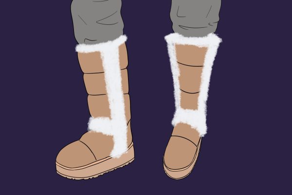 An illustration of a close-up of legs wearing gray sweatpants tucked into tall tan boots with a fluffy white trim and platform soles on a dark purple background.