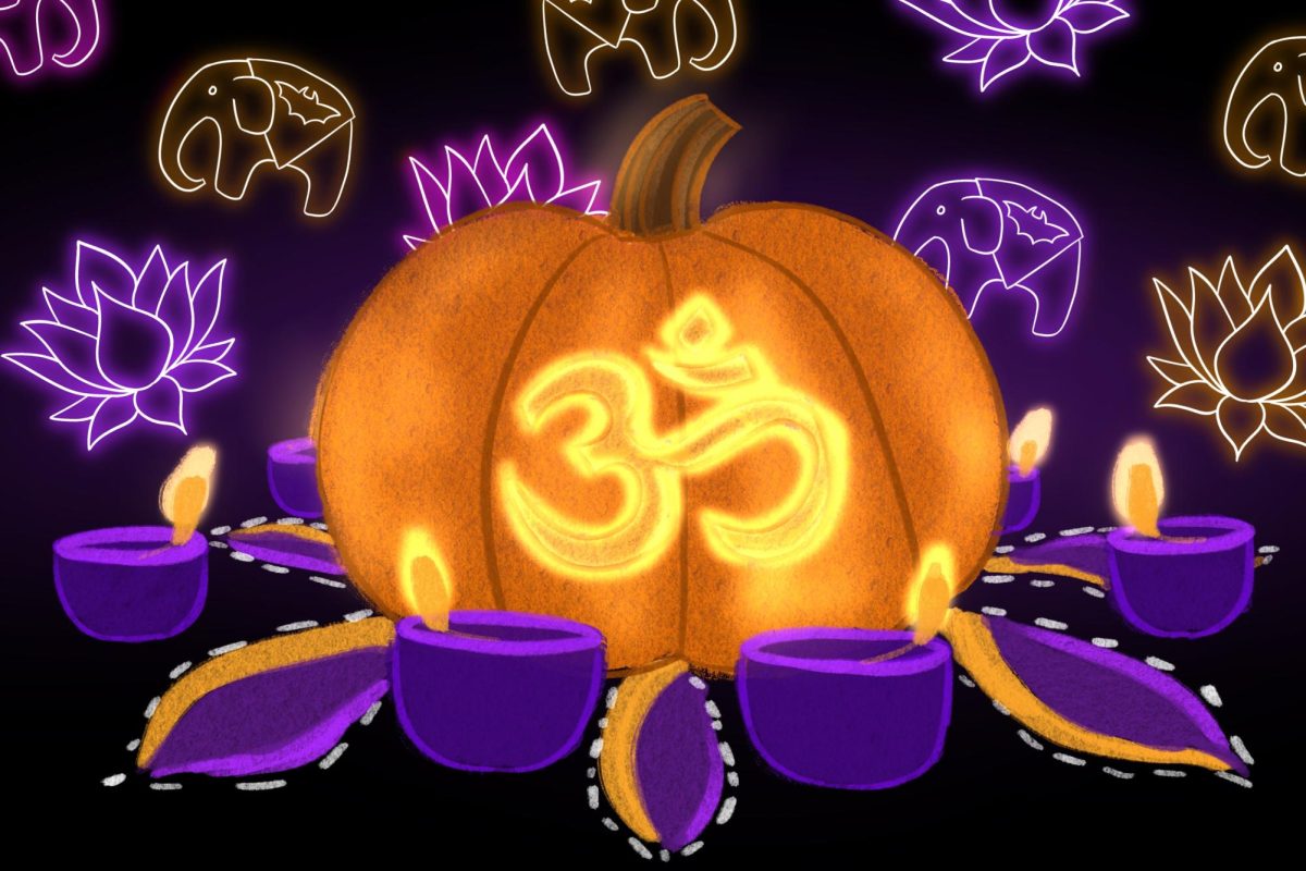 An illustration of a pumpkin carved with the sacred syllable aum and lit from inside on top of a purple, orange and white flower shape. Around it are lit purple oil lamps and glowing lotus and elephant shapes.