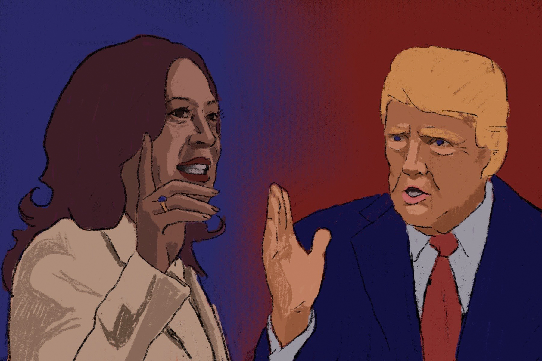 An illustration of Vice President Kamala Harris and former president Donald Trump, over a blue and red background.