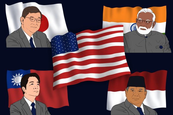 Four world leaders from Taiwan, Indonesia, Japan and India respectively with their country’s flag behind them stare at an American flag in the middle of them.