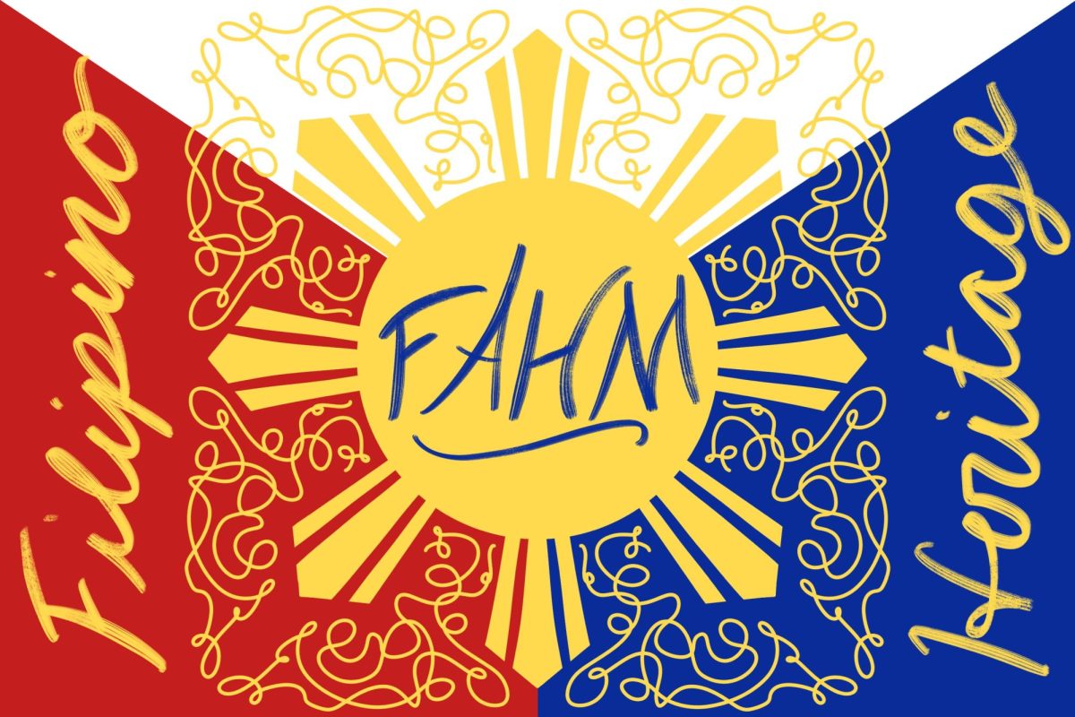 Against a blue, red and white background reminiscent of the Filipino flag, there's a yellow sun pattern in the center with the letters “F. A. H. M.” in blue type.