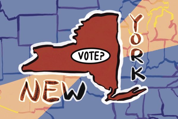 An illustration of a burgundy silhouette of New York State against a blue map of the United States? with the words “VOTE?” on it. The words “NEW YORK” are seen on the sides against the state.