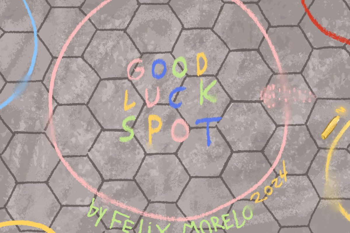 Several chalk circles are drawn onto a stone floor. The central circle reads “GOOD LUCK SPOT” in the middle, with the text “by Felix Morelo 2024” alongside the bottom of the circle.