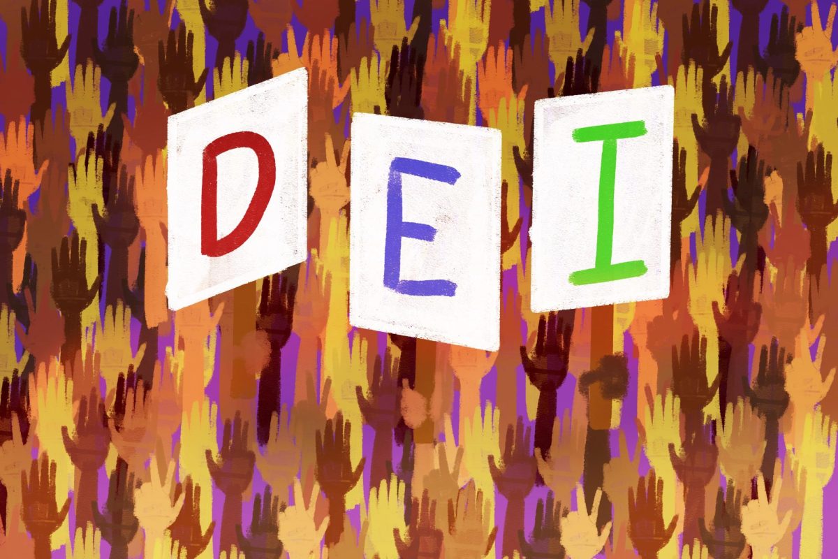 An illustration of different colored hands raised with three signs being held in the middle with one letter on each sign spelling “D.E.I.”