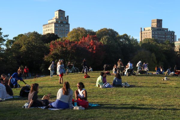 Groups of people are sitting together on the grass in the park, and some other people are standing.