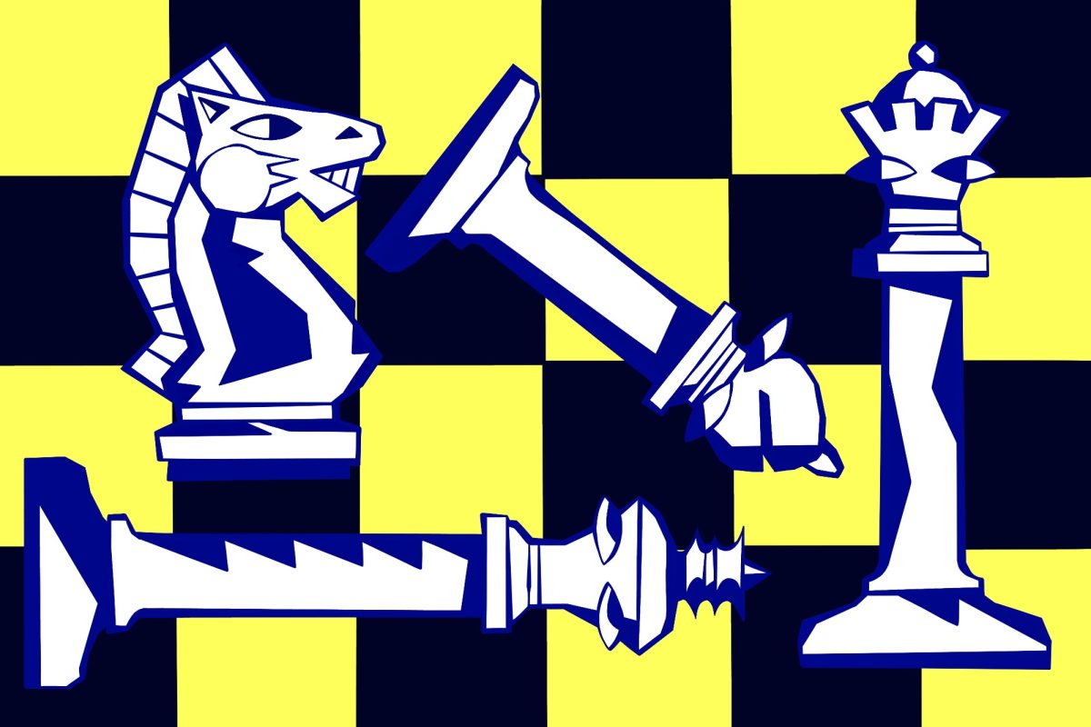 Four chess pieces in front of a yellow and blue chessboard background.