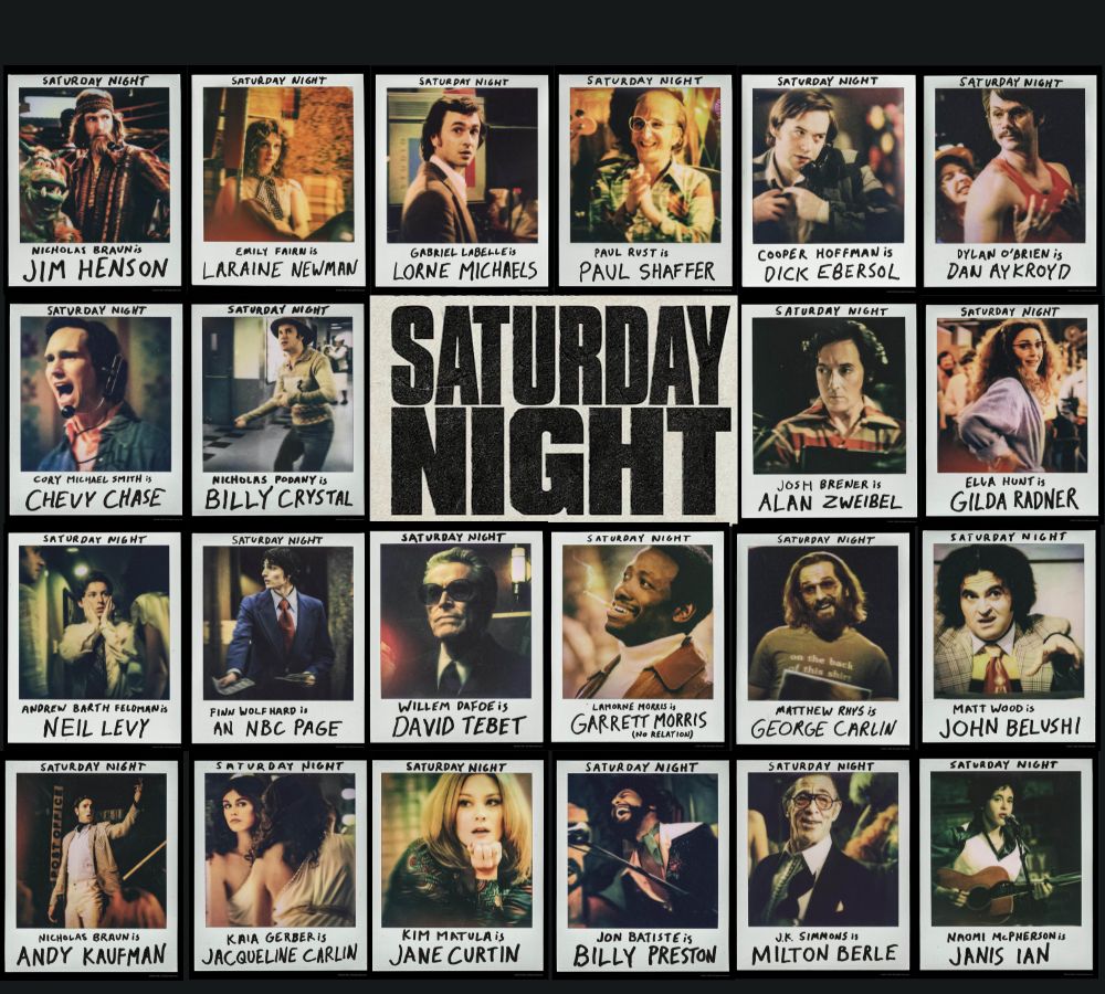 A collage of actors' polaroids arranged on a four by five grid with the words “SATURDAY NIGHT" in the center.