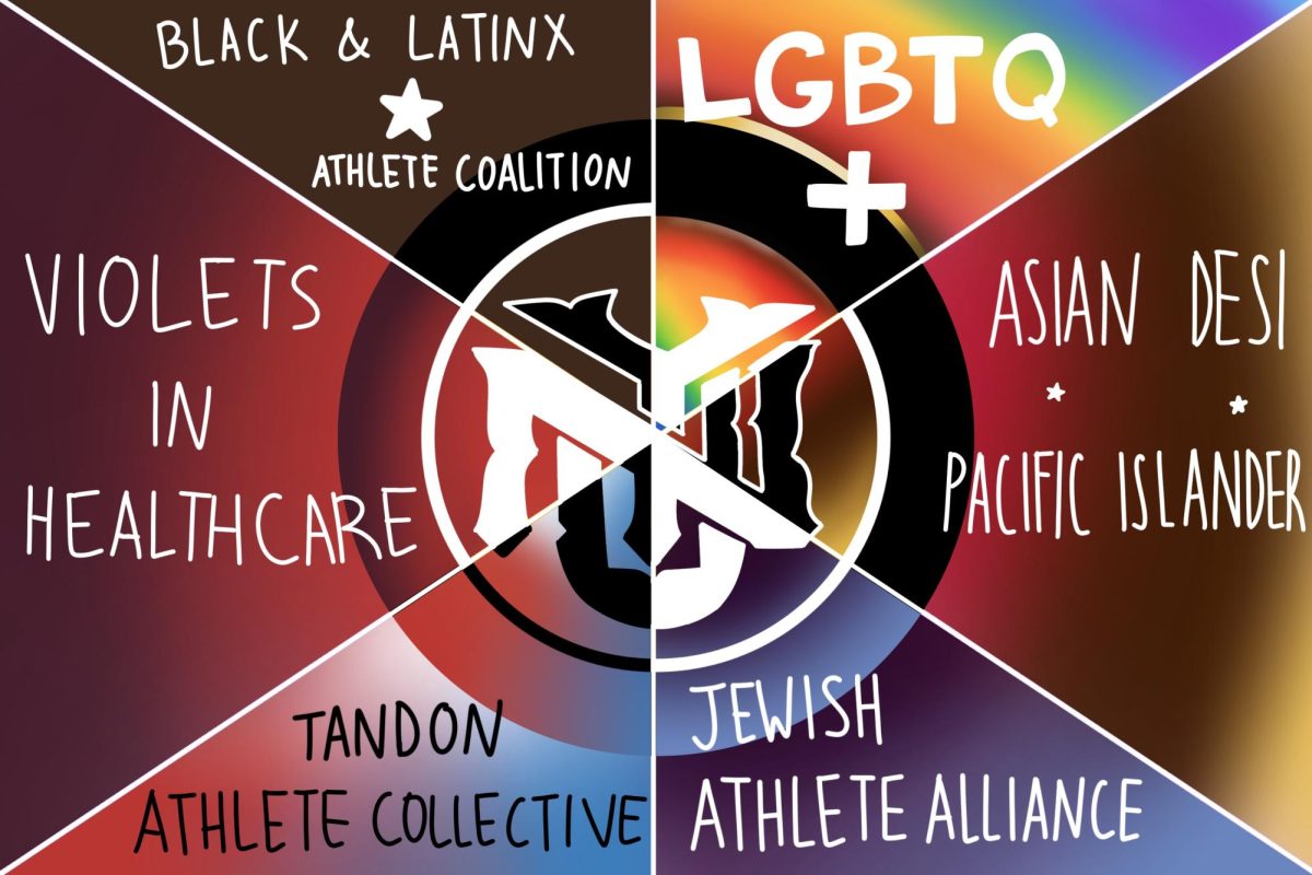 The N.Y.U. Athletics logo split into six sections with the colors and name of the corresponding affinity group.