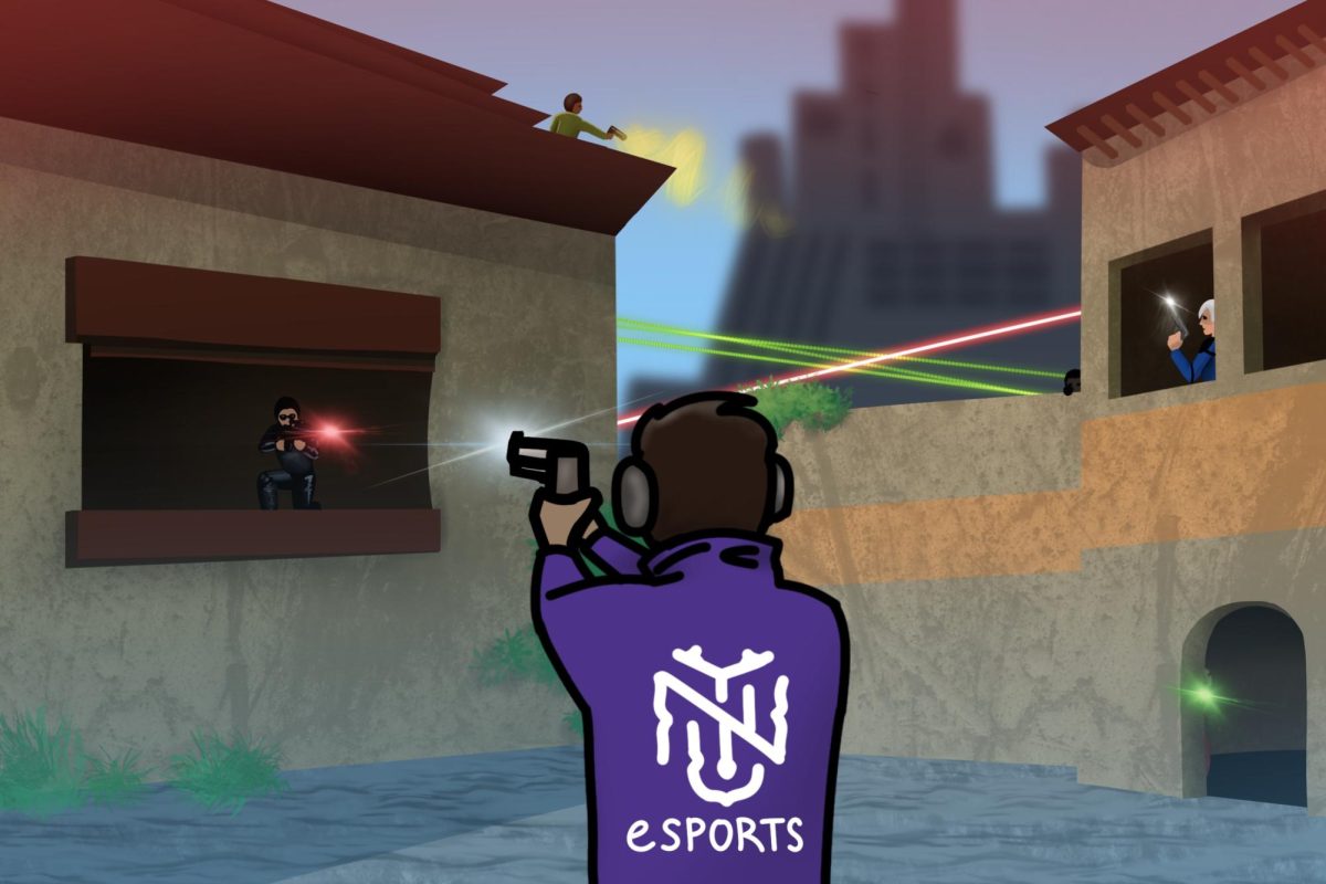 An illustration of a person in a purple hoodie with the N.Y.U. sports logo and the word “E-SPORTS” stands in between buildings aiming a gun. Several other figures holding and shooting guns are scattered around the scene.