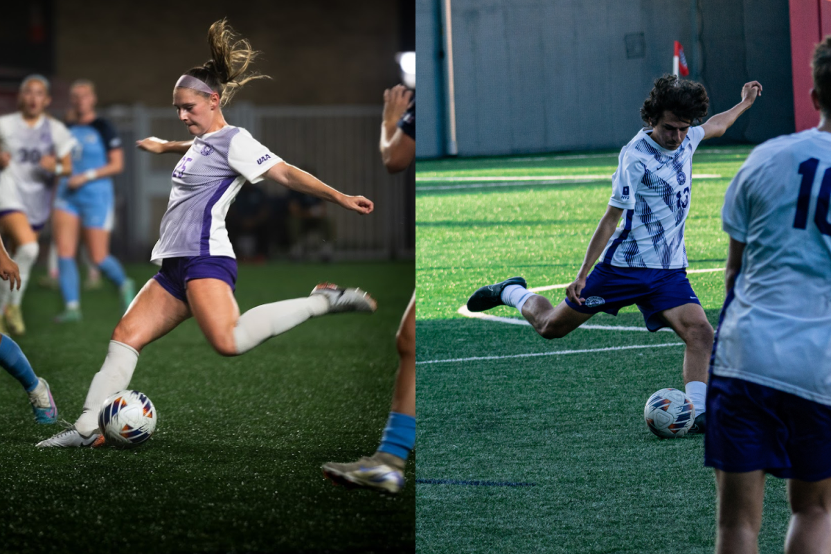 Two images placed side by side depicting NYU soccer players about to kick a soccer ball.