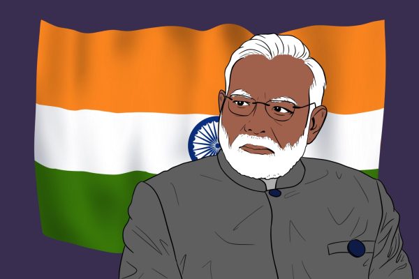 An illustration of the prime minister of India, Narendra Modi, staring to the left while the orange, white, green and blue flag of India waves behind him.