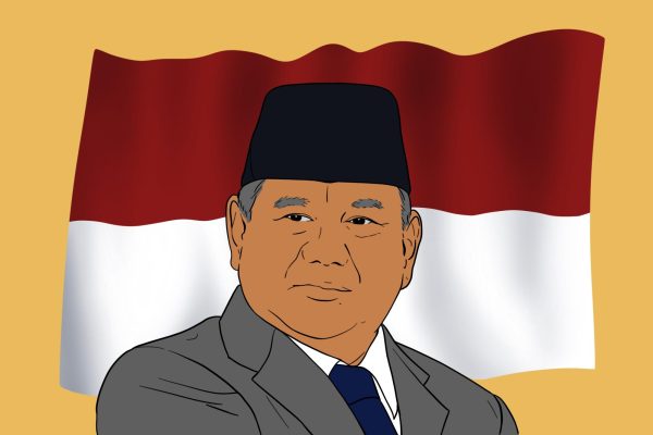 An illustration of the president of Indonesia, Prabowo Subianto, staring to the left while the red and white flag of Indonesia waves behind him.