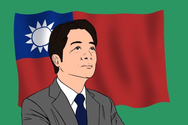 An illustration of the president of Taiwan, Lai Ching-te, staring into the distance while the red, blue and white flag of Taiwan waves behind him.