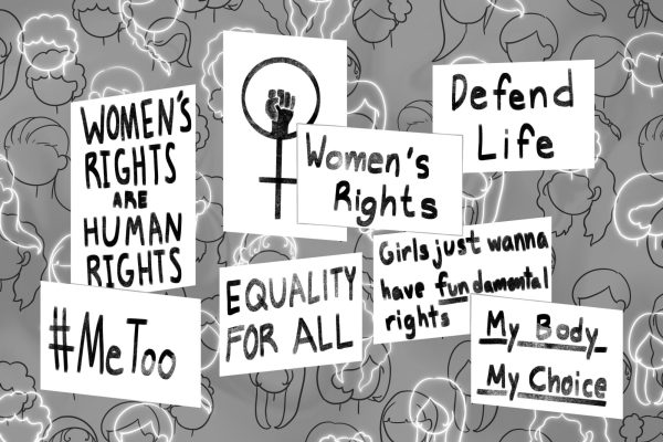 An illustration with many signs, some of which that read "HASHTAG ME TOO," "Women's Rights" and "My Body My Choice." The background is an illustration of the outline of many people's faces.